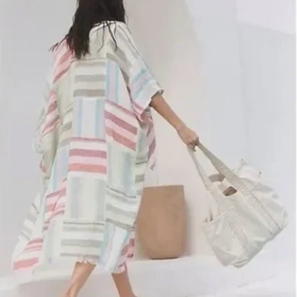 Free People Sail Away 100% Linen Patchwork Kimono Coverup -OS fits most NWOT